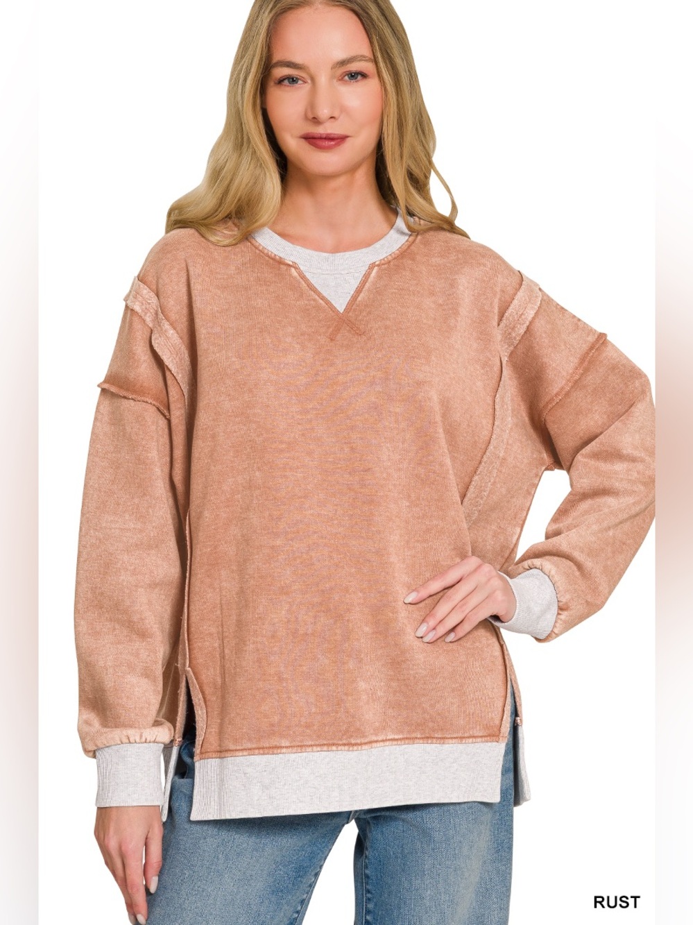 Zenana Fleece Acid Washed Contrast Trim Sweatshirt🛍️